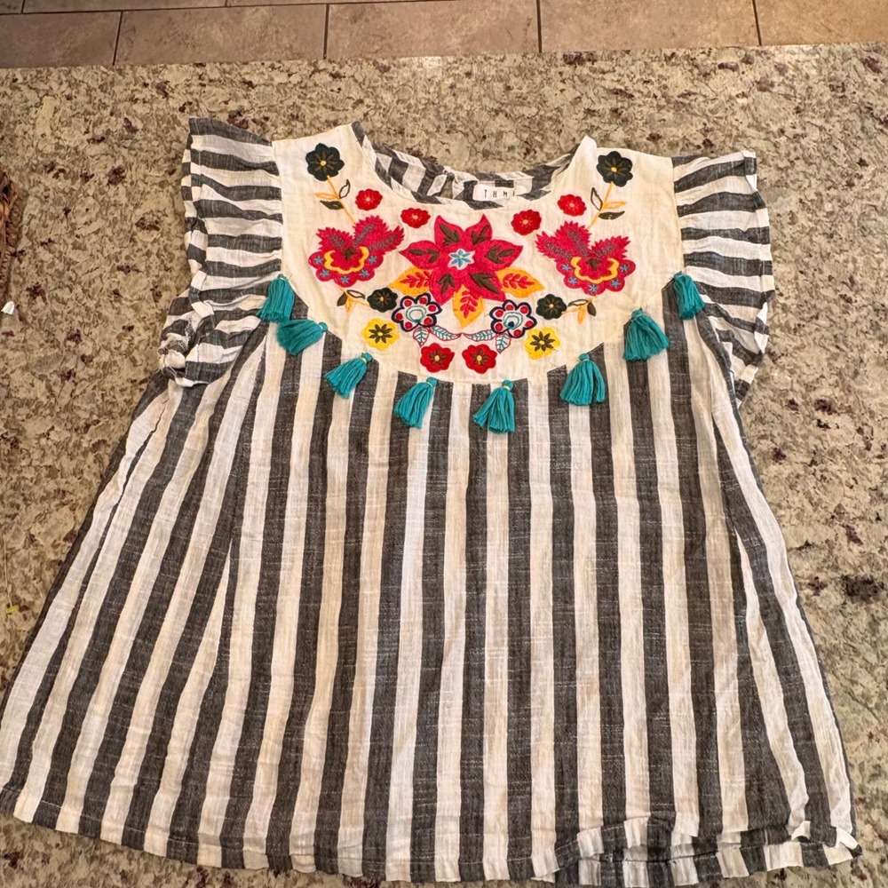 THML Boho Embroidered Floral Tassel Top M Striped Western Folk Art Blouse